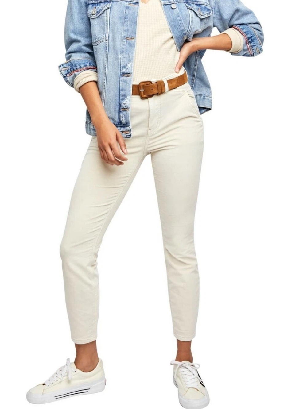 Free People Pants Corduroy Moon Rising Beige Fine Line Straight Cropped Size 6